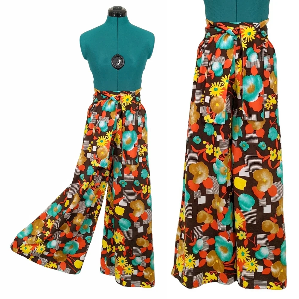 Rare 1960s Palazzo Pants Bellbottoms Vintage Flares XXS XS Flower Power - Picture 1 of 8